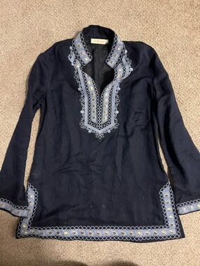 Tory Burch Linen Embroidered Navy Long-Sleeve Tunic Top